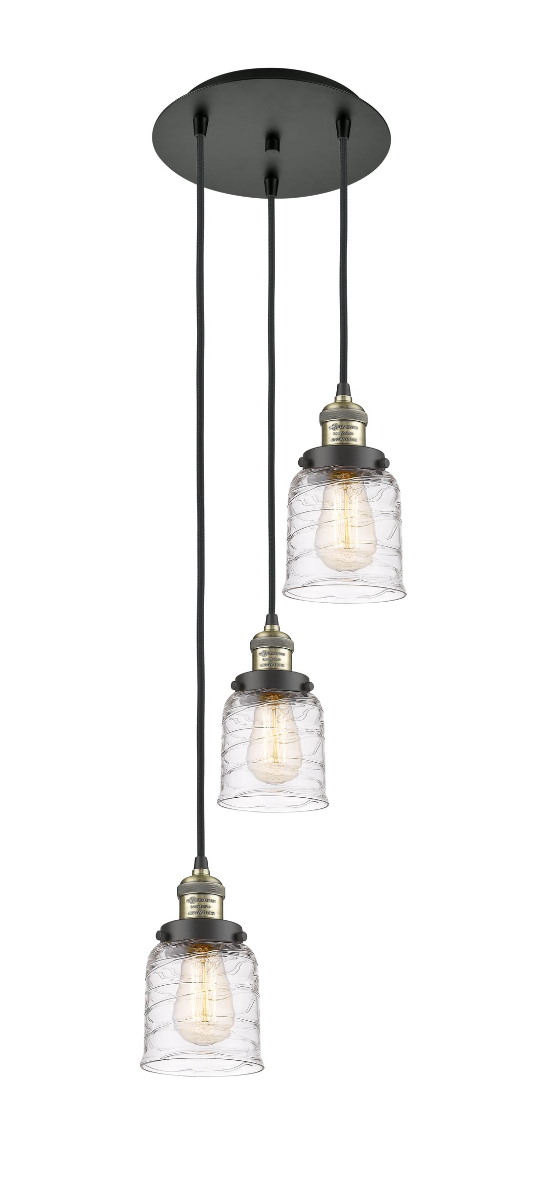 Innovations Lighting Bell 5" Multi Pendant Pendants Innovations Lighting Black Antique Brass Clear Deco Swirl ; Glass Type: Transparent 