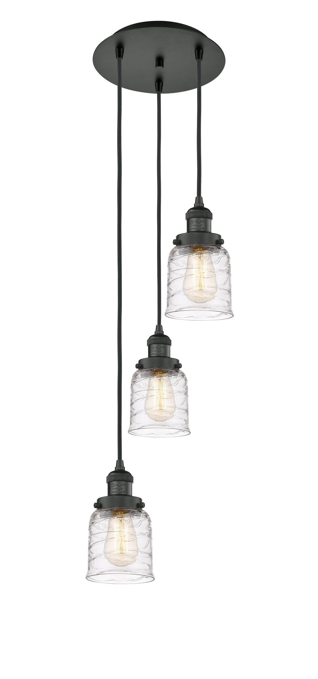 Innovations Lighting Bell 5" Multi Pendant Pendants Innovations Lighting Matte Black Clear Deco Swirl ; Glass Type: Transparent 