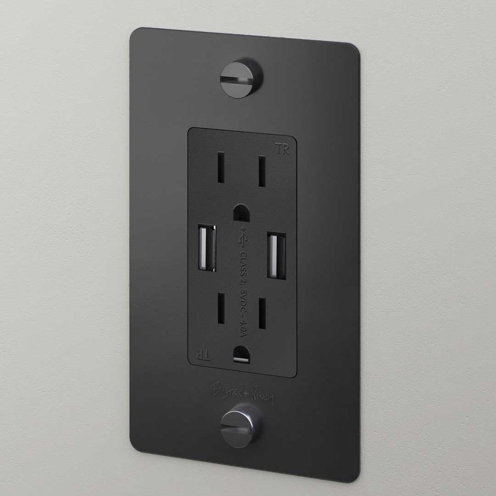 Buster + Punch 1 Gang Duplex Outlet + 2 USB Charger Complete | Polycarbonate Receptacles Buster + Punch Black  