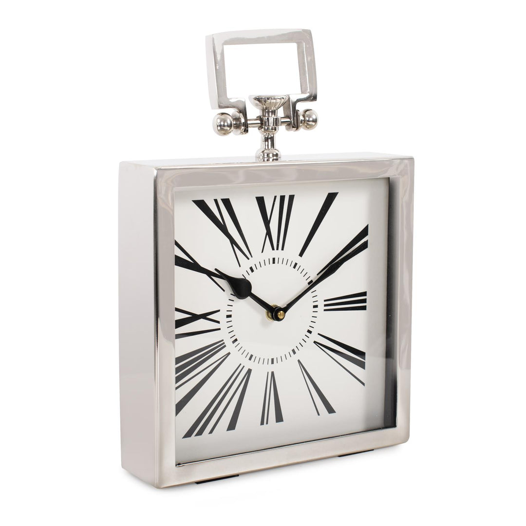 Howard Elliott Collection Herbert Handled Table Clock in Polished Nickel Clocks Howard Elliott Collection   