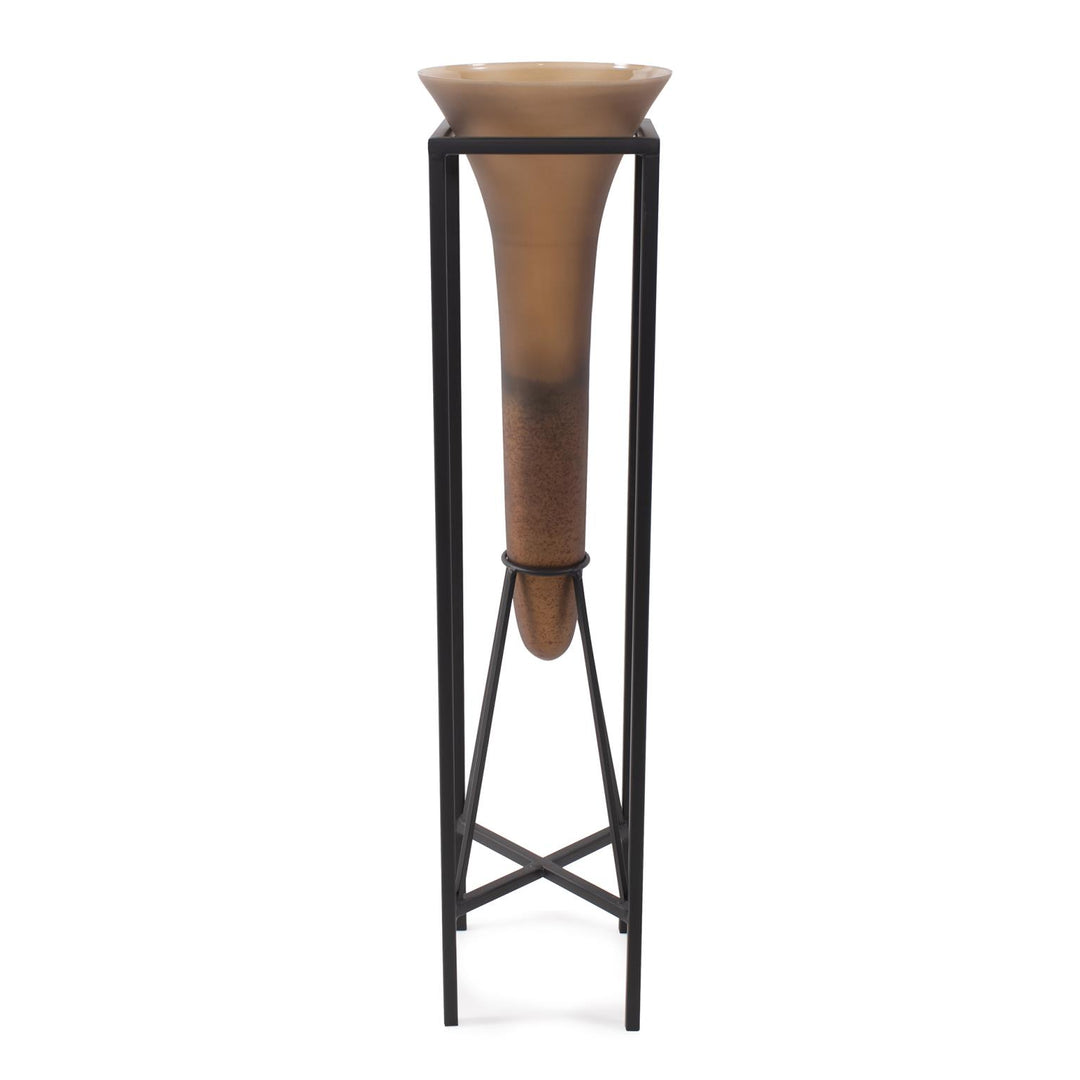 Howard Elliott Collection Bronze Euler Drop Vase with Black Iron Stand, Large Vases Howard Elliott Collection   