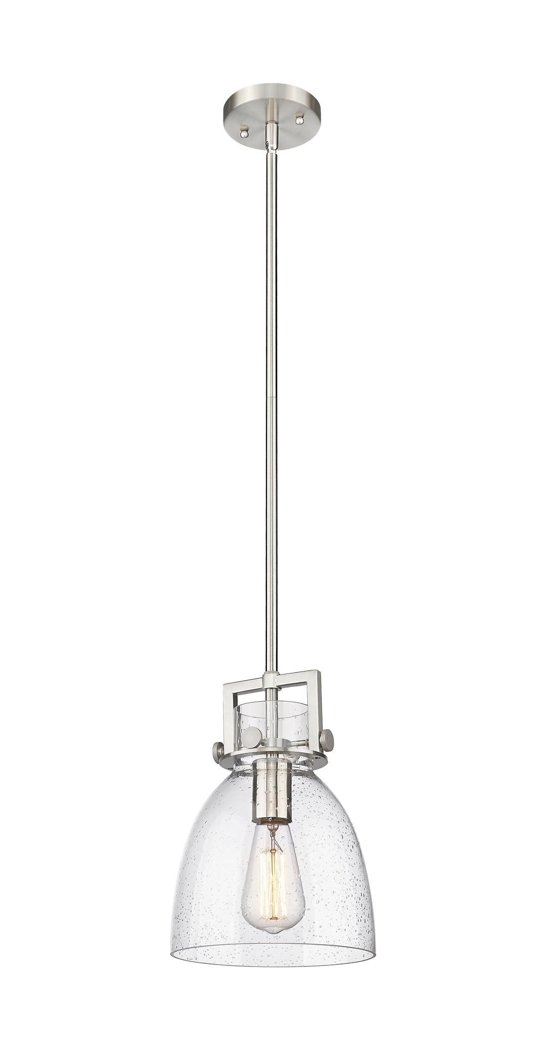 Innovations Lighting Newton Bell 8" Mini Pendant - Satin Nickel Mini-Pendants Innovations Lighting Seedy ; Glass Type: Seeded  