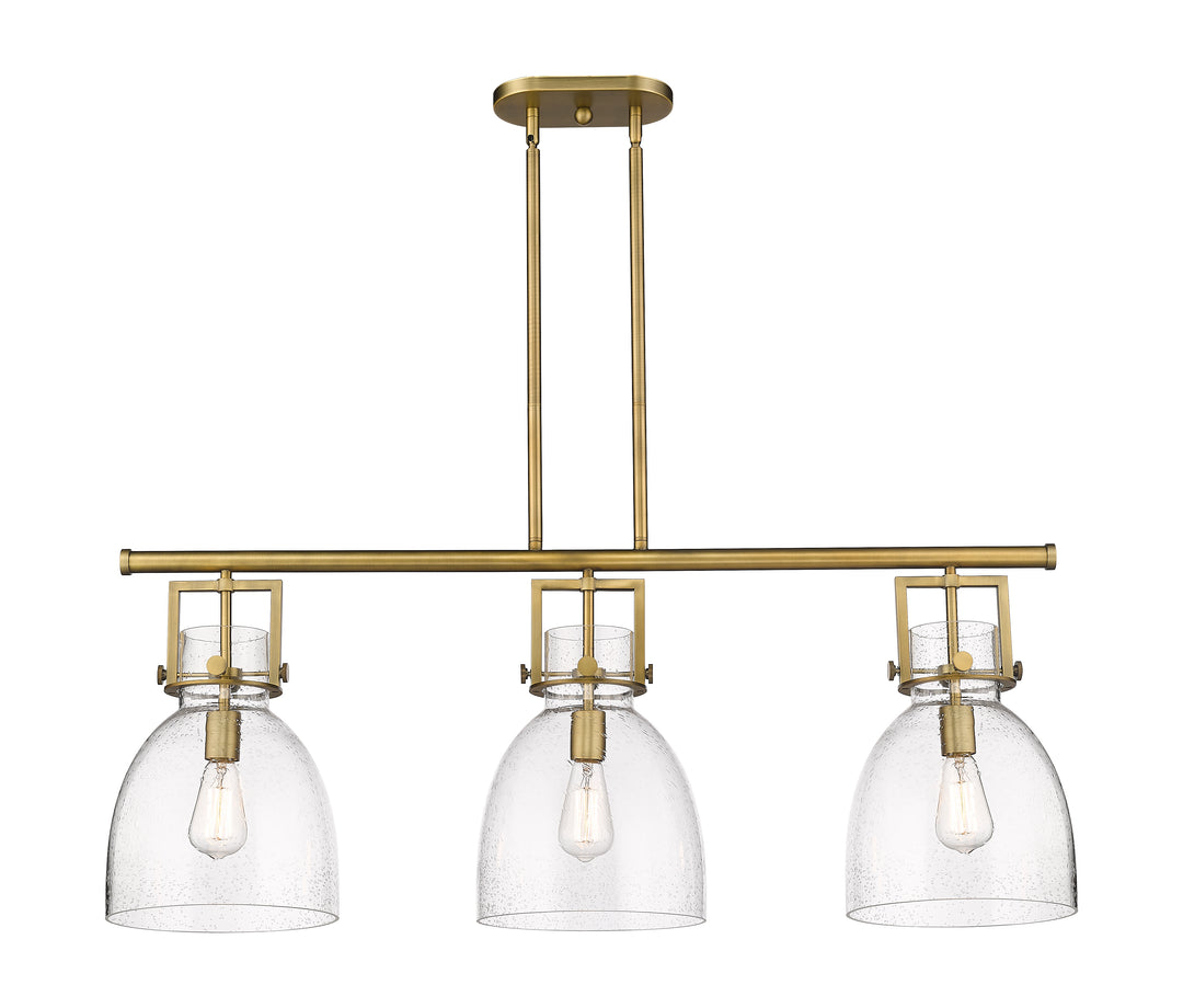 Innovations Lighting Newton Bell 7" Island Light - Brushed Brass Linear Chandeliers Innovations Lighting Seedy ; Glass Type: Seeded  