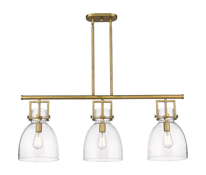 Innovations Lighting Newton Bell 7" Island Light - Brushed Brass Linear Chandeliers Innovations Lighting Seedy ; Glass Type: Seeded  