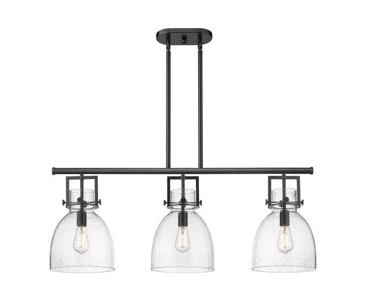 Innovations Lighting Newton Bell 7" Island Light - Matte Black Linear Chandeliers Innovations Lighting Seedy ; Glass Type: Seeded  