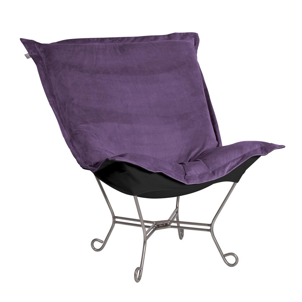 Howard Elliott Collection Scroll Puff Chair Bella Eggplant Titanium Frame Chairs Howard Elliott Collection   