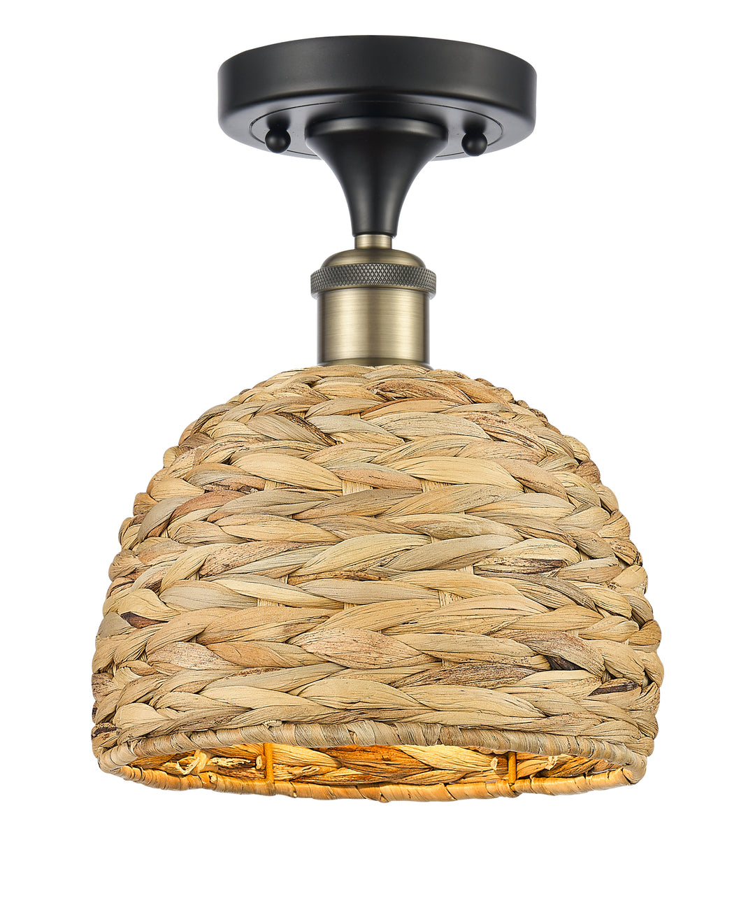 Innovations Lighting Woven Rattan 8" Semi-Flush Mount Ceiling Semi Flush Mounts Innovations Lighting Black Antique Brass  