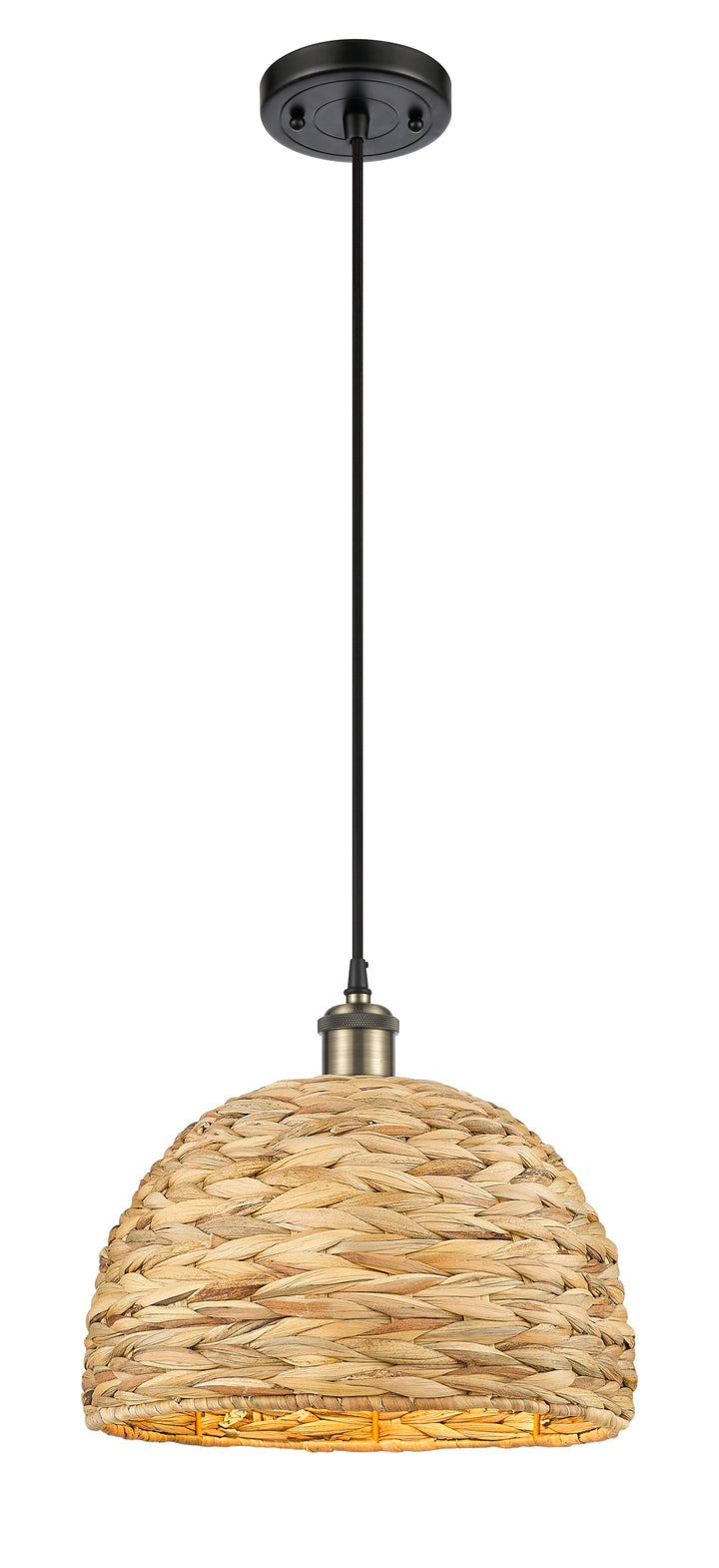 Innovations Lighting Woven Rattan 12" Mini Pendant - Black Antique Brass Mini-Pendants Innovations Lighting   