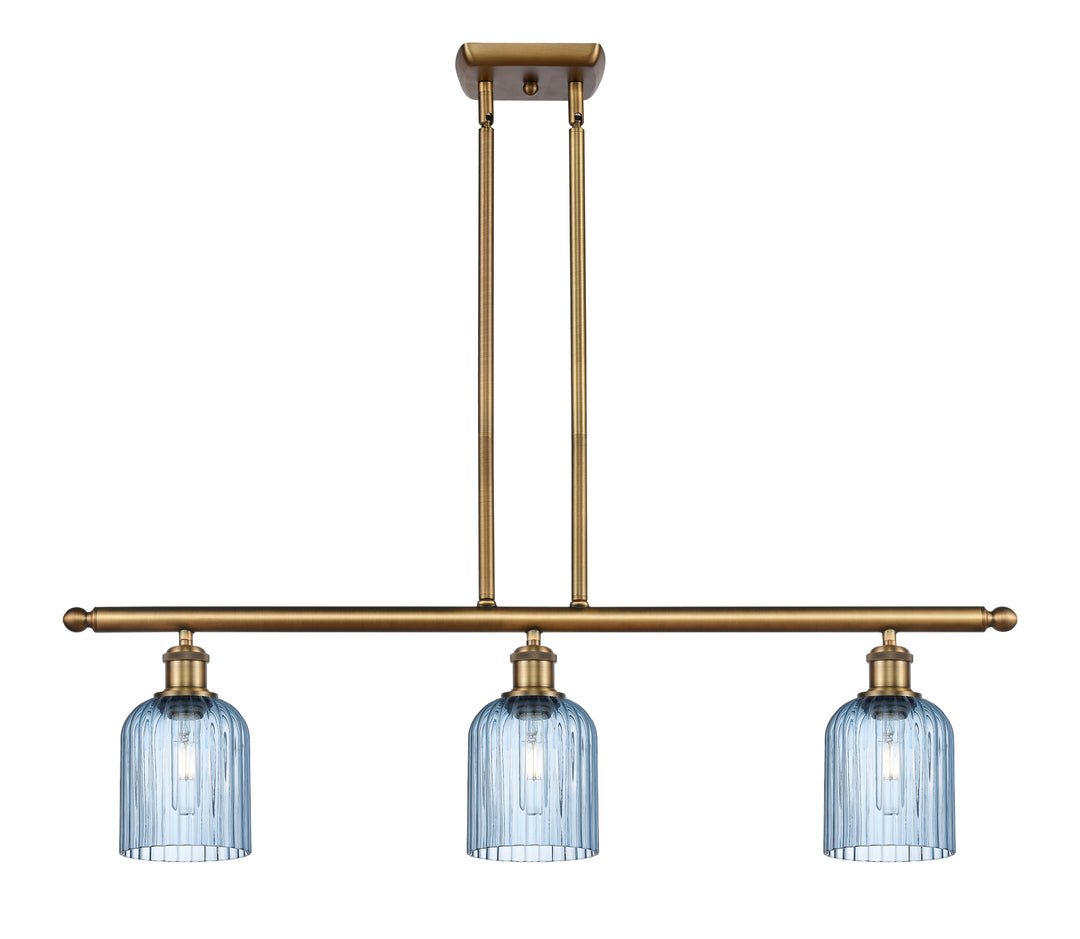 Innovations Lighting Bridal Veil 5" Island Light - Brushed Brass Linear Chandeliers Innovations Lighting Princess Blue ; Glass Type: Princess Blue; Ribbed  