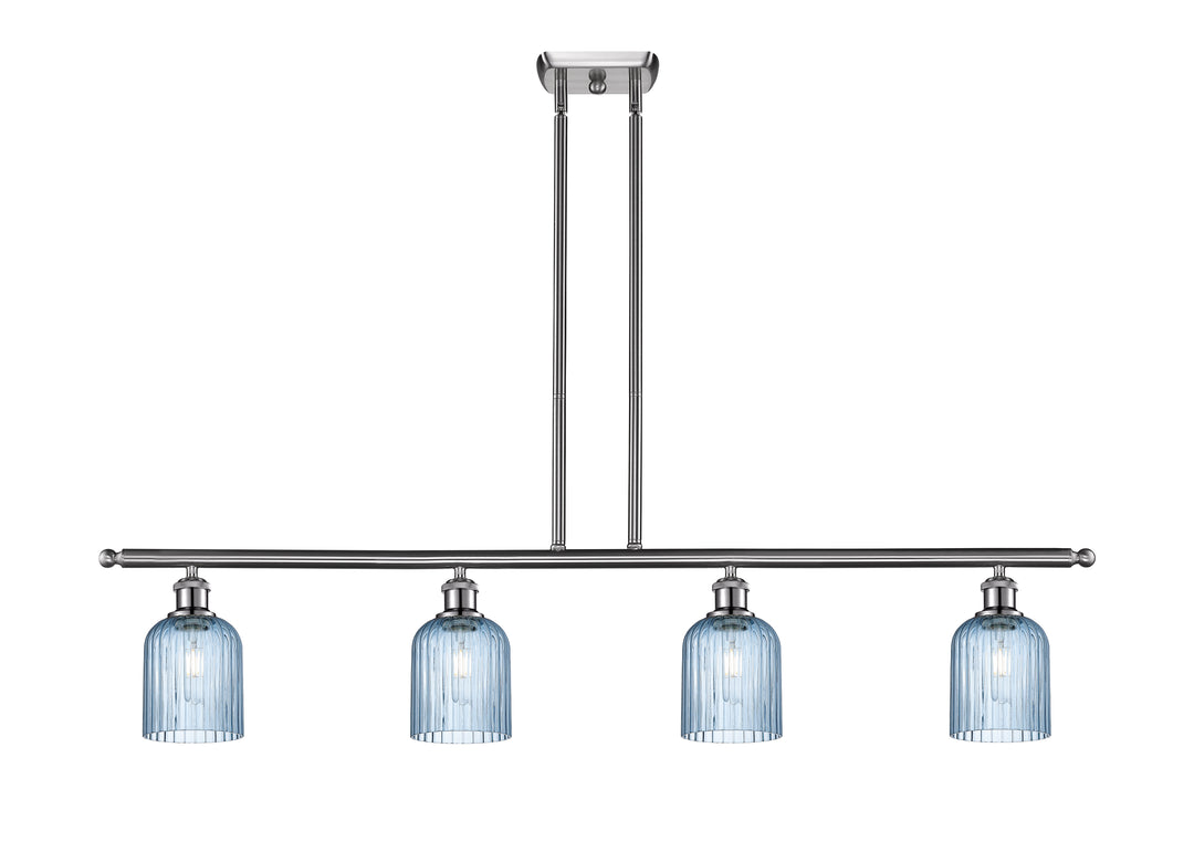 Innovations Lighting Bridal Veil 5" Island Light - Brushed Satin Nickel Linear Chandeliers Innovations Lighting Princess Blue ; Glass Type: Princess Blue; Ribbed  