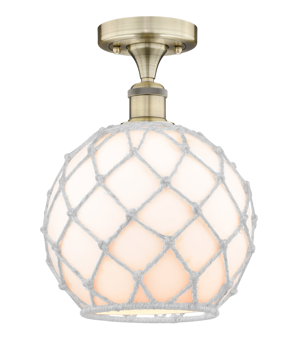 Innovations Lighting Farmhouse Rope 10" Semi-Flush Mount - Antique Brass Ceiling Semi Flush Mounts Innovations Lighting White Glass with White Rope ; Glass Type: White  