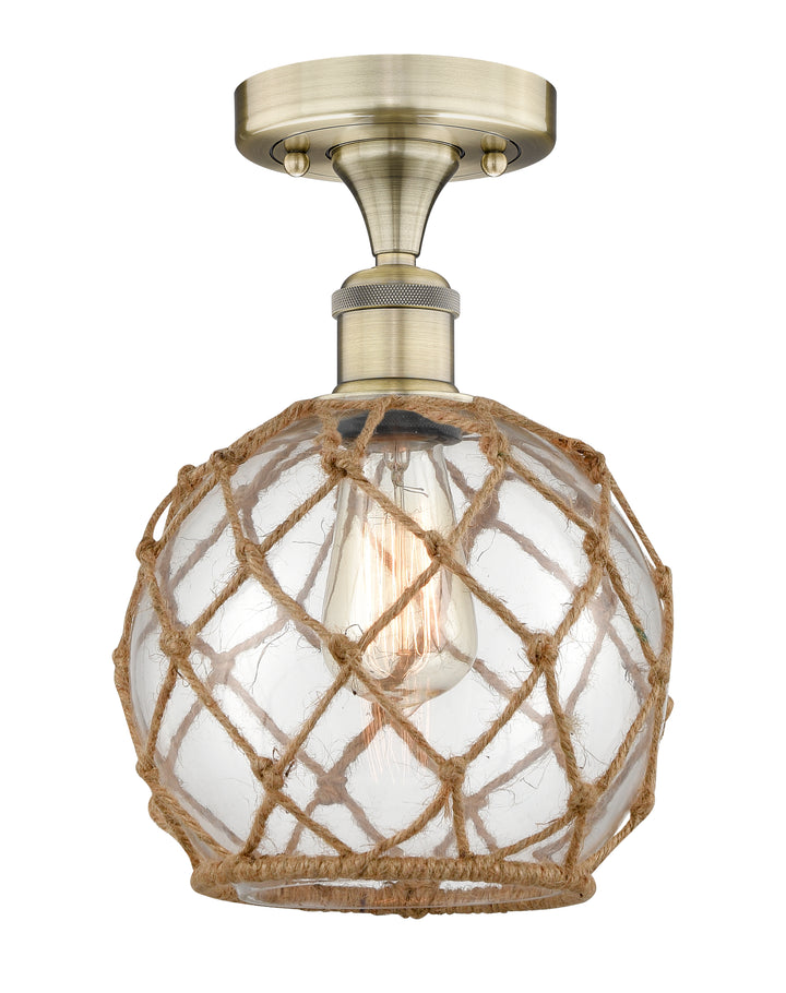 Innovations Lighting Farmhouse Rope 8" Semi-Flush Mount - Antique Brass Ceiling Semi Flush Mounts Innovations Lighting Clear Glass with Brown Rope ; Glass Type: Transparent  