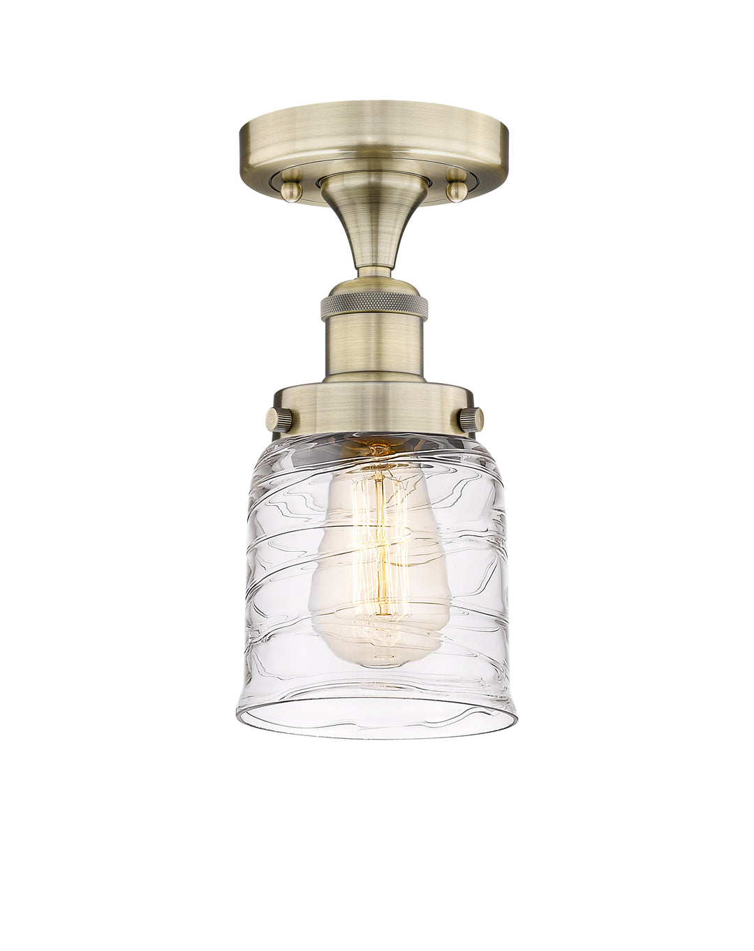 Innovations Lighting Bell 5" Semi-Flush Mount - Antique Brass Ceiling Semi Flush Mounts Innovations Lighting Clear Deco Swirl ; Glass Type: Colorful; Ribbed  