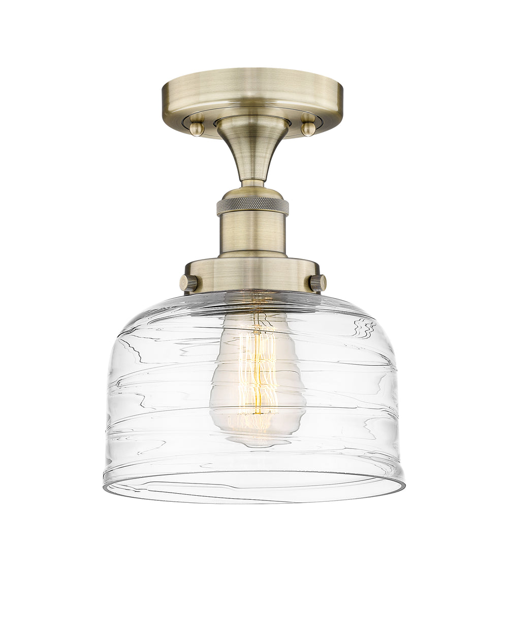 Innovations Lighting Bell 8" Semi-Flush Mount - Antique Brass Ceiling Semi Flush Mounts Innovations Lighting Clear Deco Swirl ; Glass Type: Colorful; Ribbed  