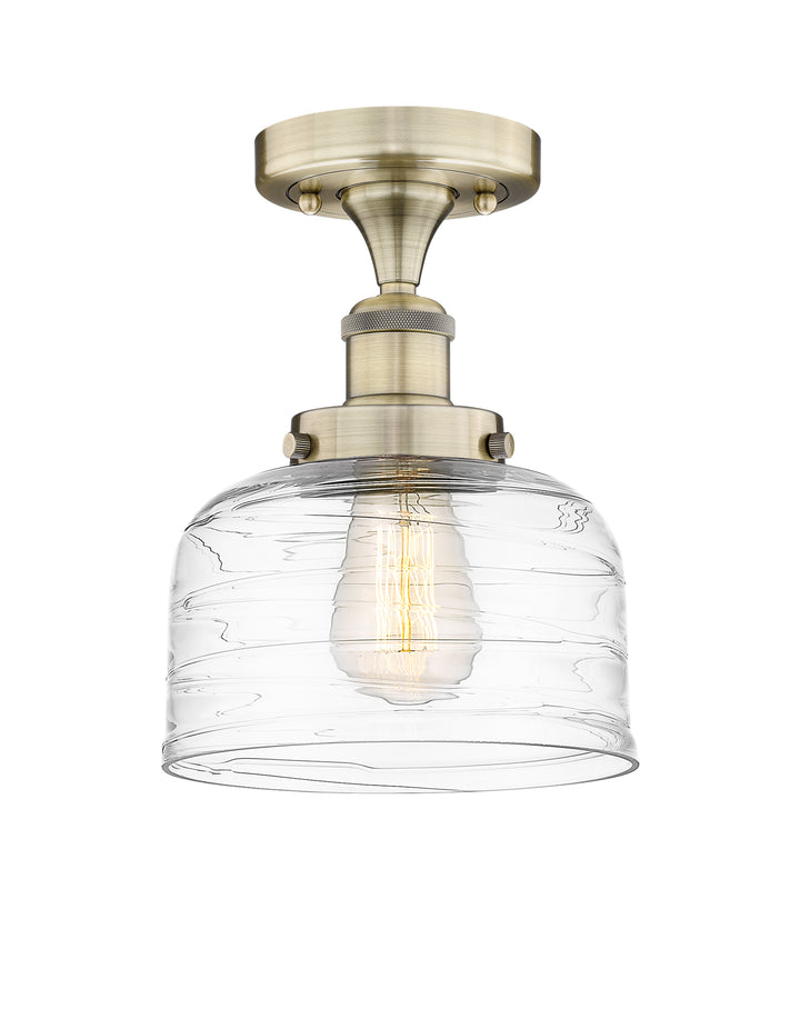 Innovations Lighting Bell 8" Semi-Flush Mount - Antique Brass Ceiling Semi Flush Mounts Innovations Lighting Clear Deco Swirl ; Glass Type: Colorful; Ribbed  