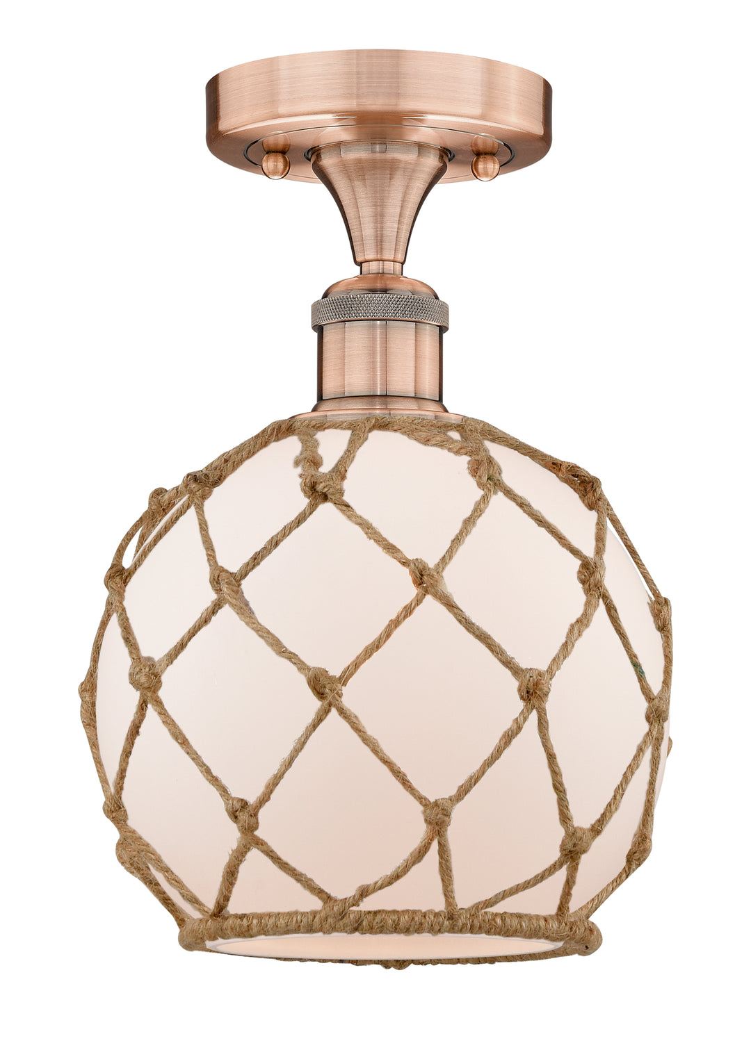 Innovations Lighting Farmhouse Rope 8" Semi-Flush Mount - Antique Copper Ceiling Semi Flush Mounts Innovations Lighting White Glass with Brown Rope ; Glass Type: Frosted  