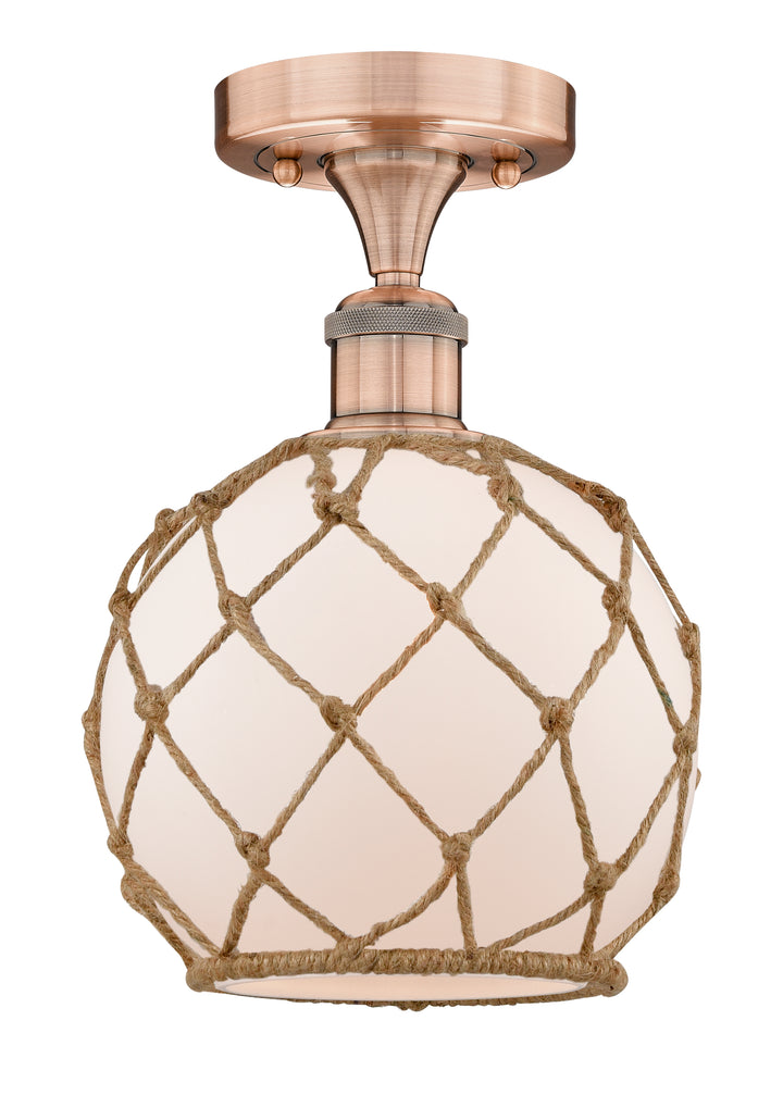 Innovations Lighting Farmhouse Rope 8" Semi-Flush Mount - Antique Copper Ceiling Semi Flush Mounts Innovations Lighting White Glass with Brown Rope ; Glass Type: Frosted  