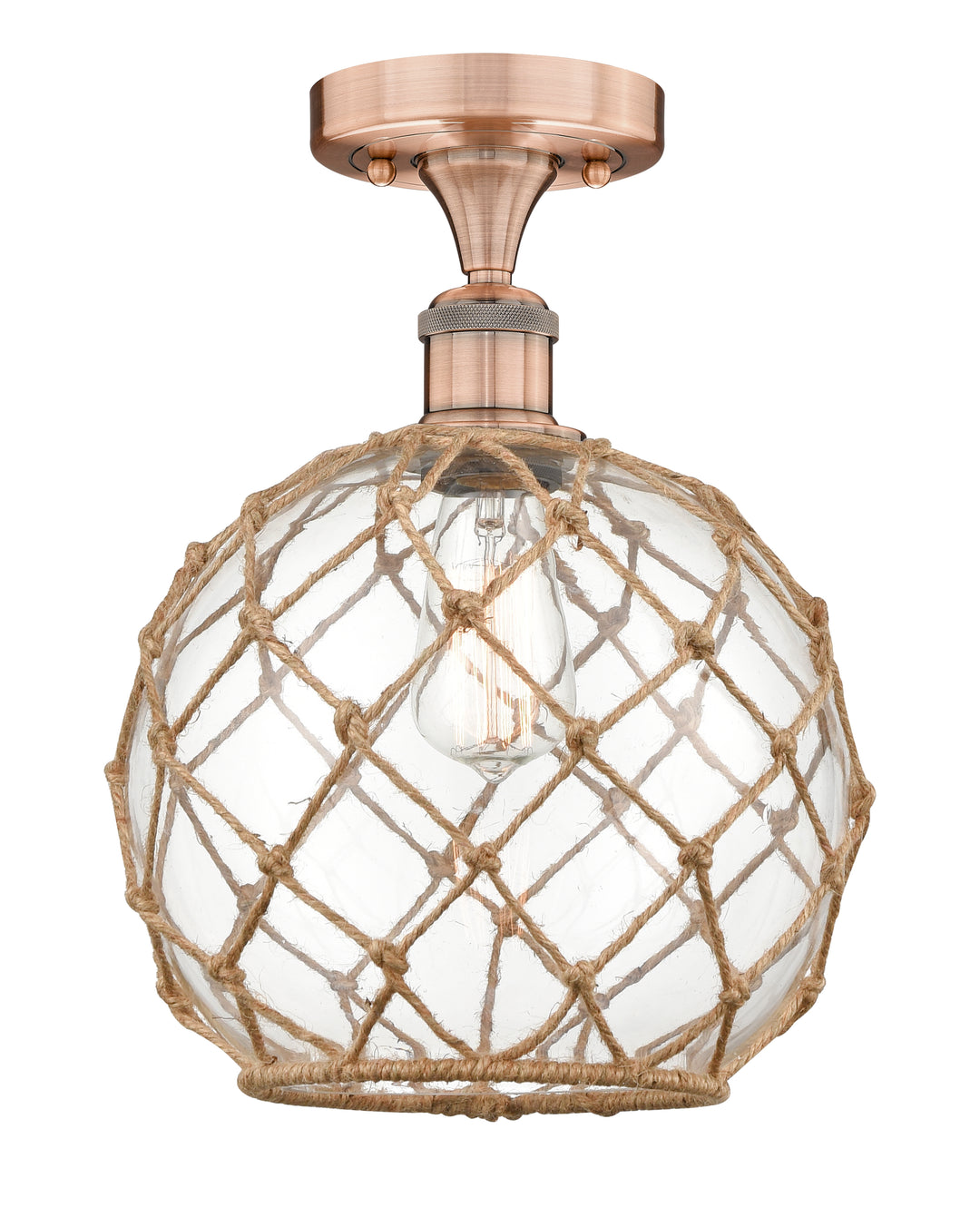 Innovations Lighting Farmhouse Rope 10" Semi-Flush Mount - Antique Copper Ceiling Semi Flush Mounts Innovations Lighting Clear Glass with Brown Rope ; Glass Type: Transparent  