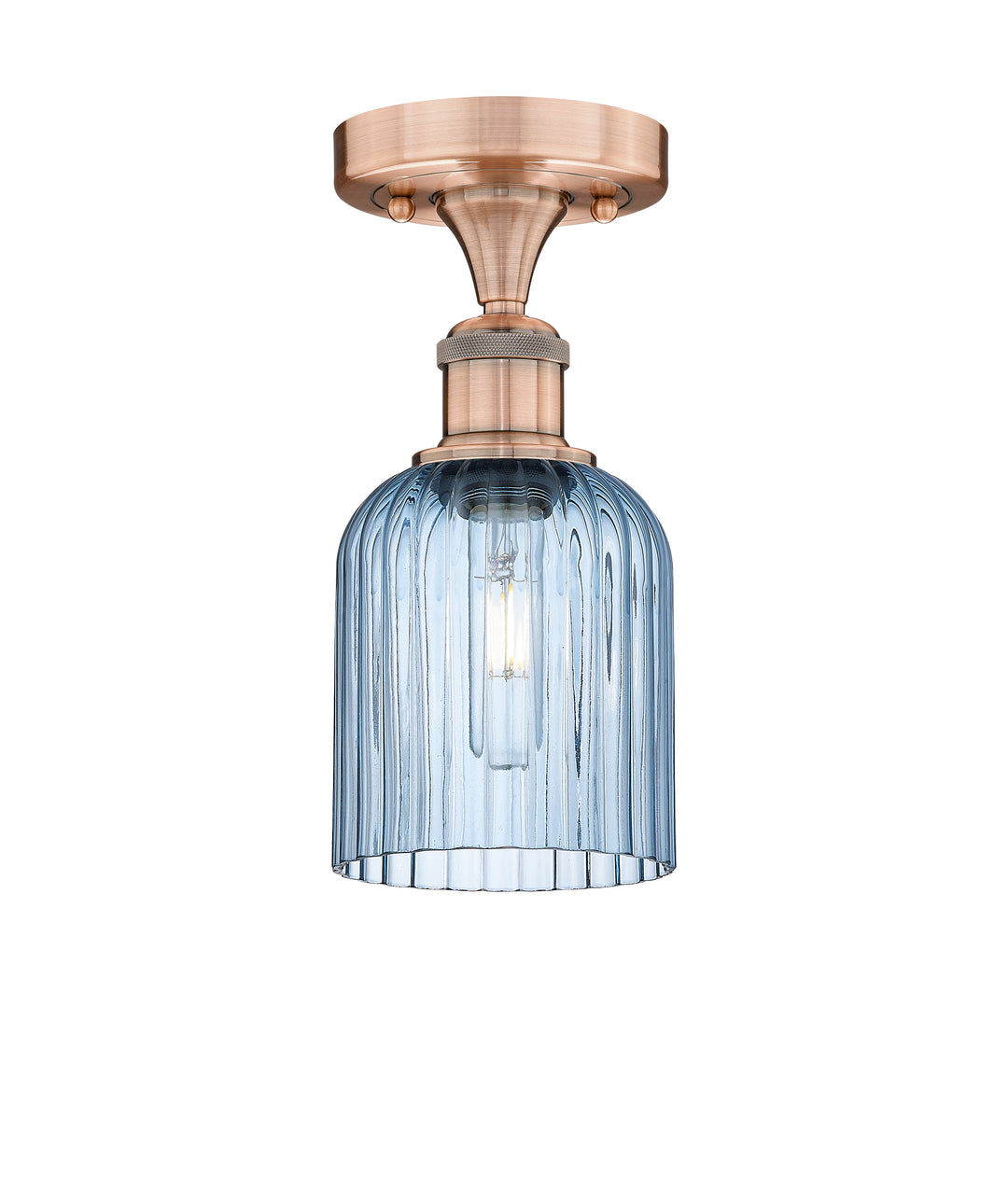 Innovations Lighting Bridal Veil 5" Semi-Flush Mount - Antique Copper Ceiling Semi Flush Mounts Innovations Lighting Princess Blue ; Glass Type: Princess Blue; Ribbed  