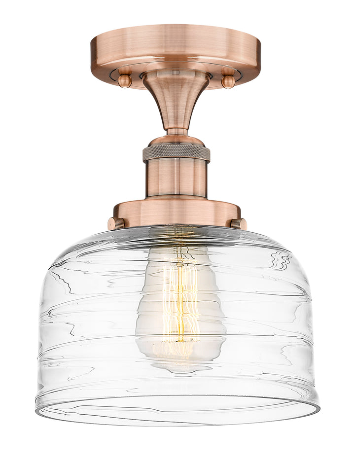 Innovations Lighting Bell 8" Semi-Flush Mount - Antique Copper Ceiling Semi Flush Mounts Innovations Lighting Clear Deco Swirl ; Glass Type: Colorful; Ribbed  