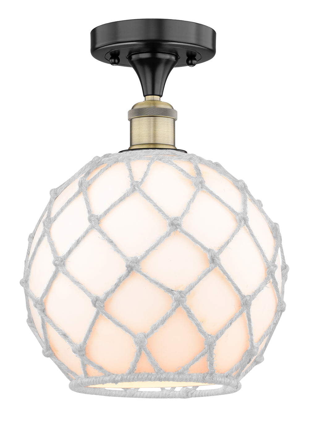 Innovations Lighting Farmhouse Rope 10" Semi-Flush Mount - Black Antique Brass Ceiling Semi Flush Mounts Innovations Lighting White Glass with White Rope ; Glass Type: White  