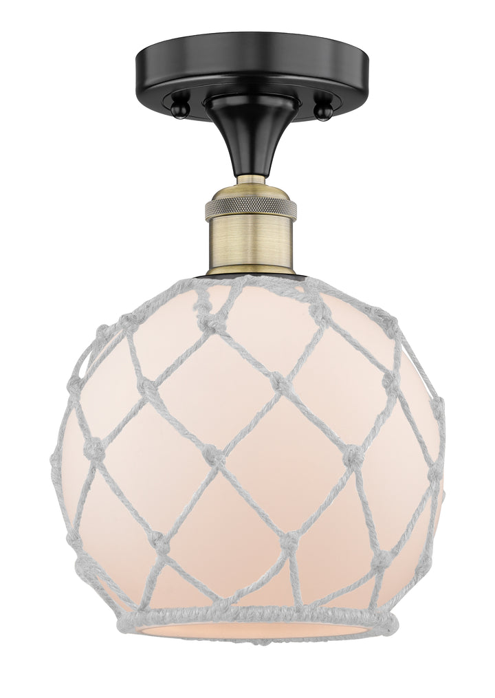 Innovations Lighting Farmhouse Rope 8" Semi-Flush Mount - Black Antique Brass Ceiling Semi Flush Mounts Innovations Lighting White Glass with White Rope ; Glass Type: Frosted  