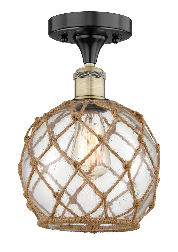 Innovations Lighting Farmhouse Rope 8" Semi-Flush Mount - Black Antique Brass Ceiling Semi Flush Mounts Innovations Lighting Clear Glass with Brown Rope ; Glass Type: Transparent  