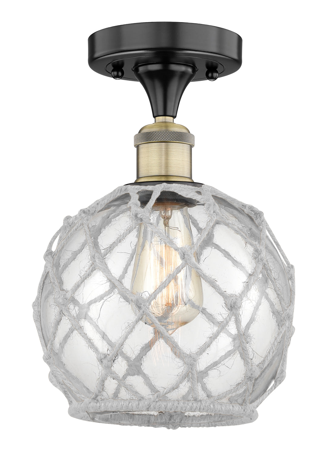 Innovations Lighting Farmhouse Rope 8" Semi-Flush Mount - Black Antique Brass Ceiling Semi Flush Mounts Innovations Lighting Clear Glass with White Rope ; Glass Type: Transparent  