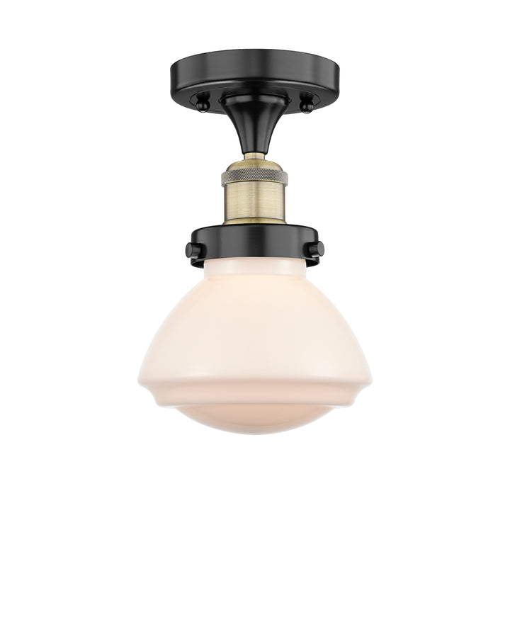 Innovations Lighting Olean 6.75" Semi-Flush Mount - Black Antique Brass Ceiling Semi Flush Mounts Innovations Lighting Matte White ; Glass Type: Frosted; Ribbed  