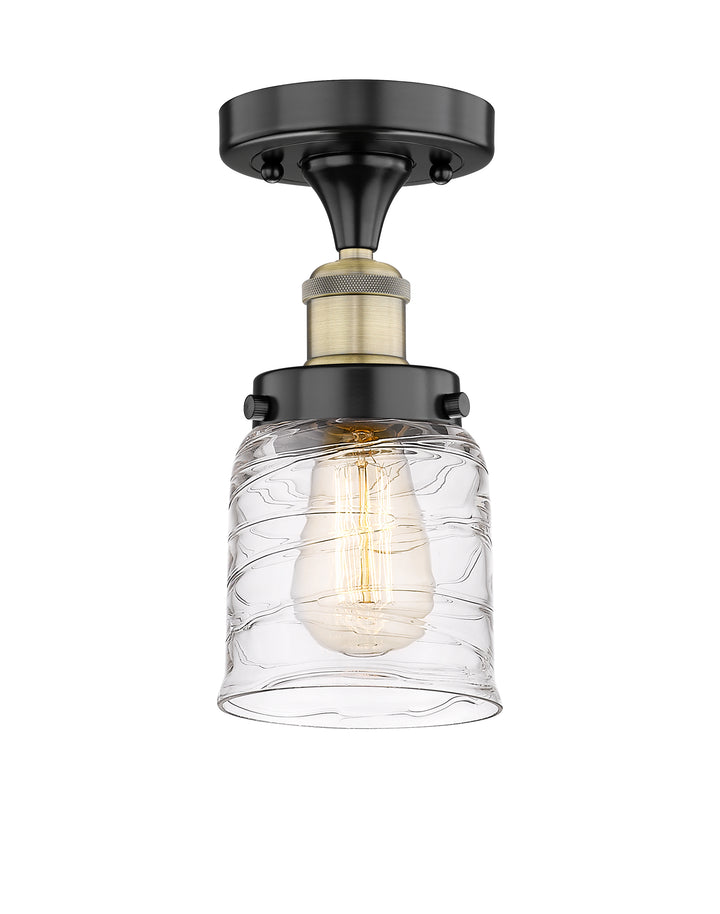 Innovations Lighting Bell 5" Semi-Flush Mount - Black Antique Brass Ceiling Semi Flush Mounts Innovations Lighting Clear Deco Swirl ; Glass Type: Colorful; Ribbed  