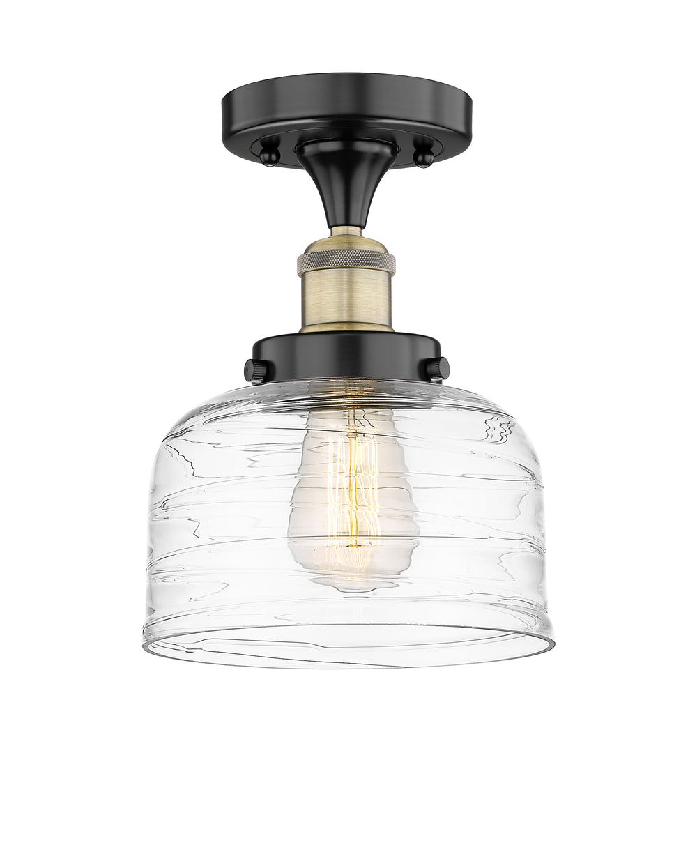 Innovations Lighting Bell 8" Semi-Flush Mount - Black Antique Brass Ceiling Semi Flush Mounts Innovations Lighting Clear Deco Swirl ; Glass Type: Colorful; Ribbed  