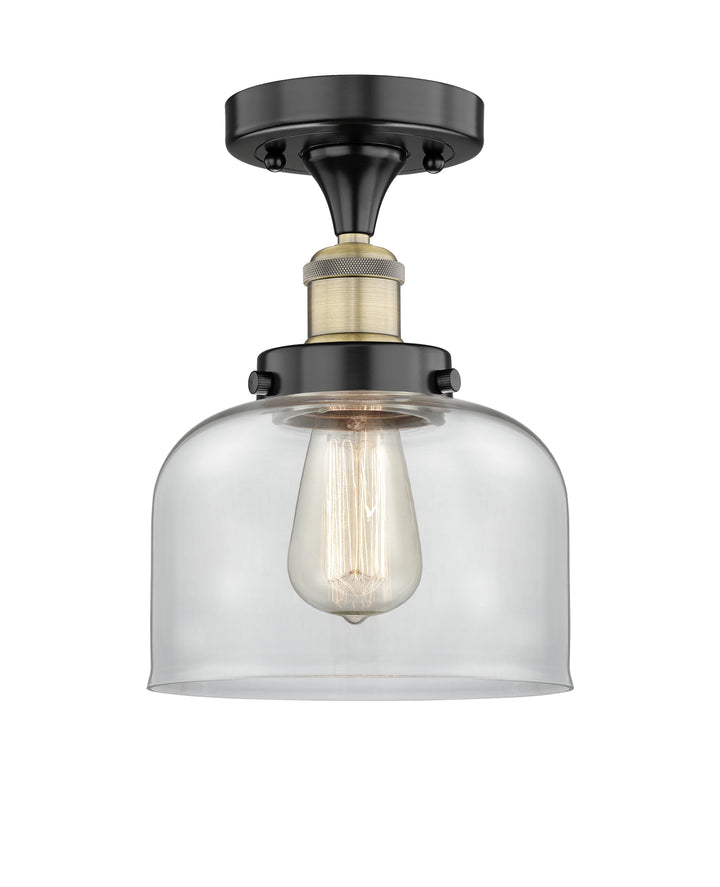 Innovations Lighting Bell 8" Semi-Flush Mount - Black Antique Brass Ceiling Semi Flush Mounts Innovations Lighting Clear ; Glass Type: Transparent; Ribbed  