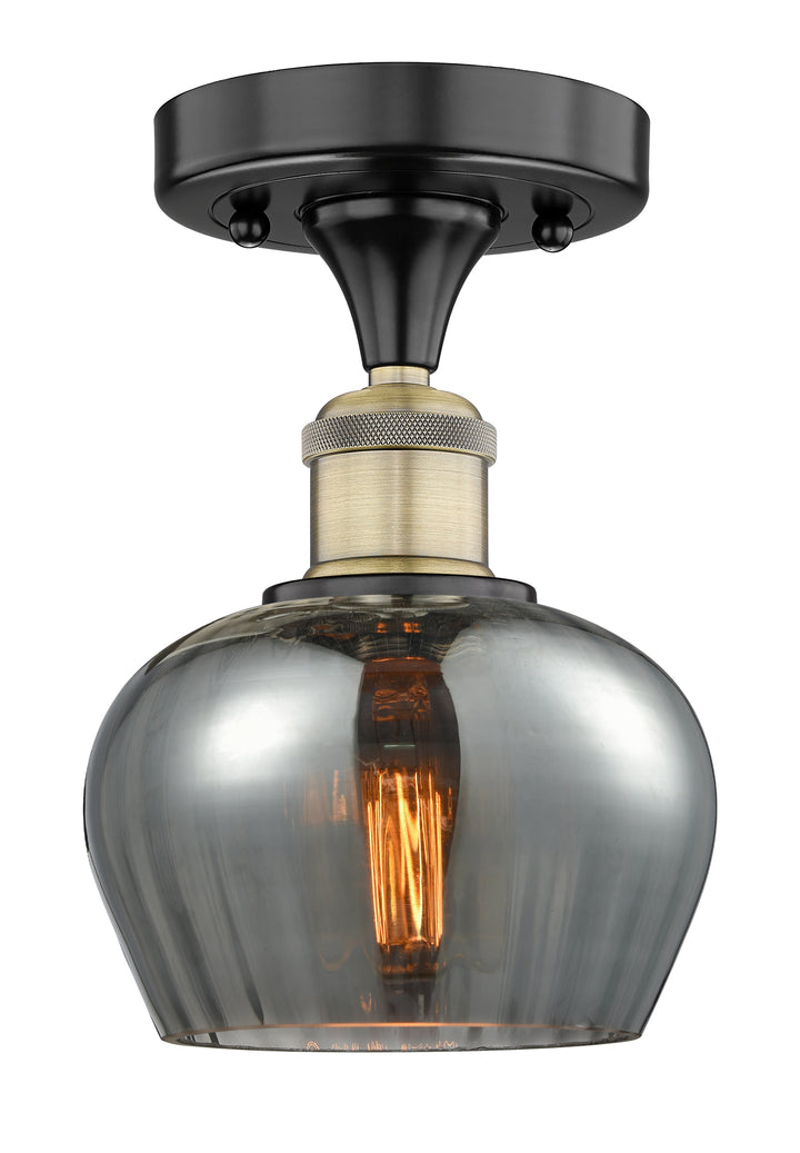 Innovations Lighting Fenton 6.5" Semi-Flush Mount - Black Antique Brass Ceiling Semi Flush Mounts Innovations Lighting Light Smoke ; Glass Type: Smoked; Ribbed  