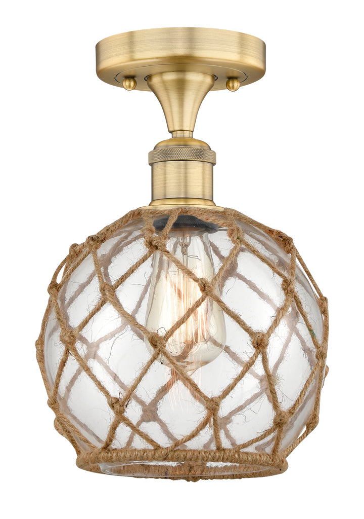 Innovations Lighting Farmhouse Rope 8" Semi-Flush Mount - Brushed Brass Ceiling Semi Flush Mounts Innovations Lighting Clear Glass with Brown Rope ; Glass Type: Transparent  