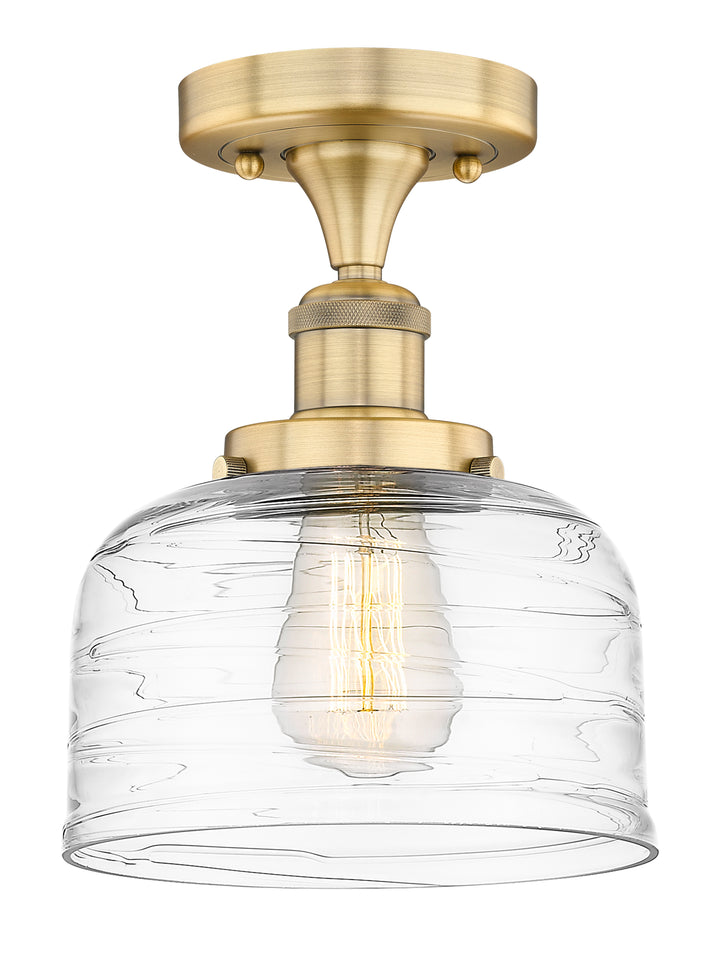 Innovations Lighting Bell 8" Semi-Flush Mount - Brushed Brass Ceiling Semi Flush Mounts Innovations Lighting Clear Deco Swirl ; Glass Type: Colorful; Ribbed  