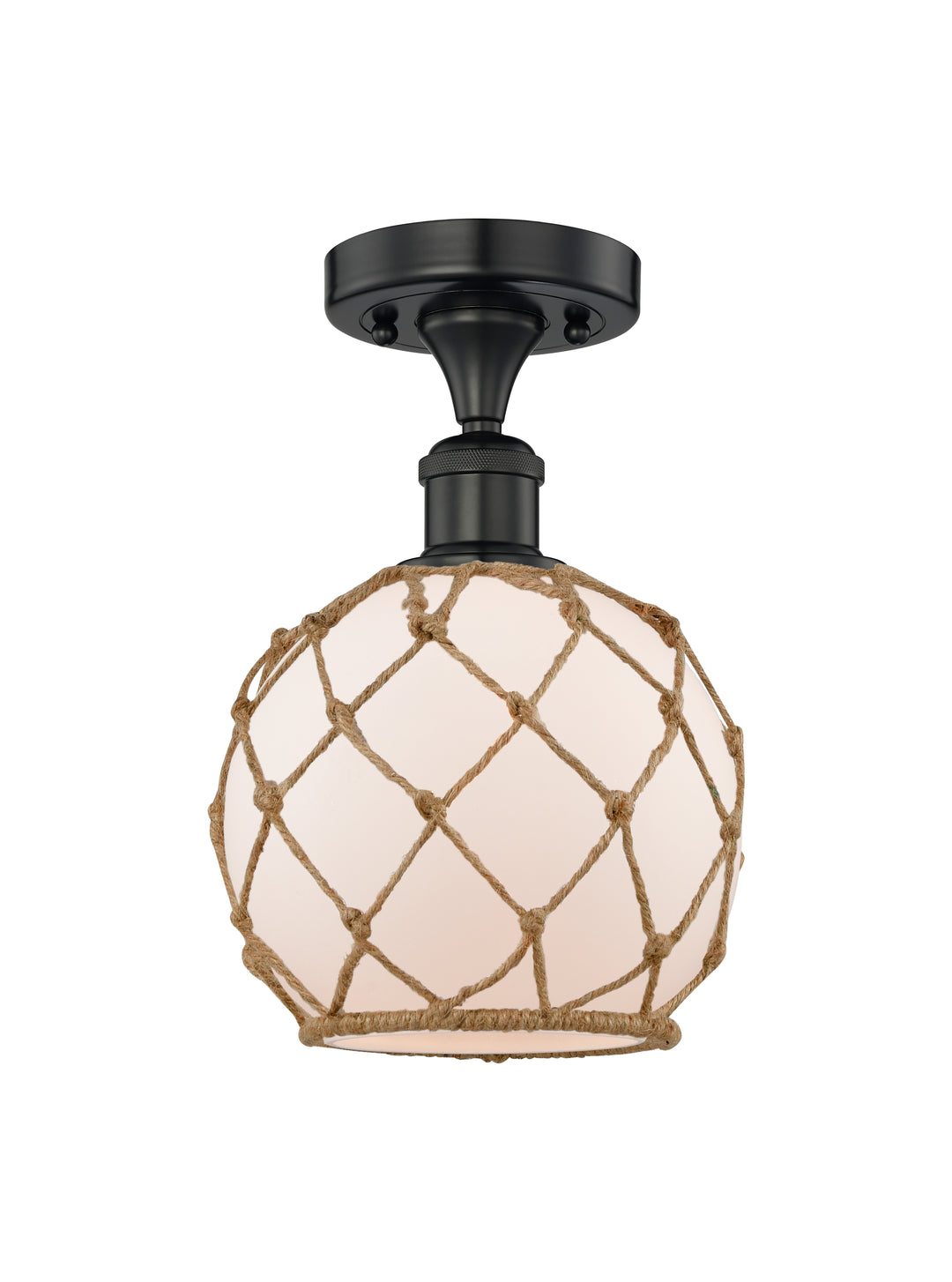 Innovations Lighting Farmhouse Rope Semi-Flush Mount - Matte Black Ceiling Semi Flush Mounts Innovations Lighting White Glass with Brown Rope ; Glass Type: Frosted  