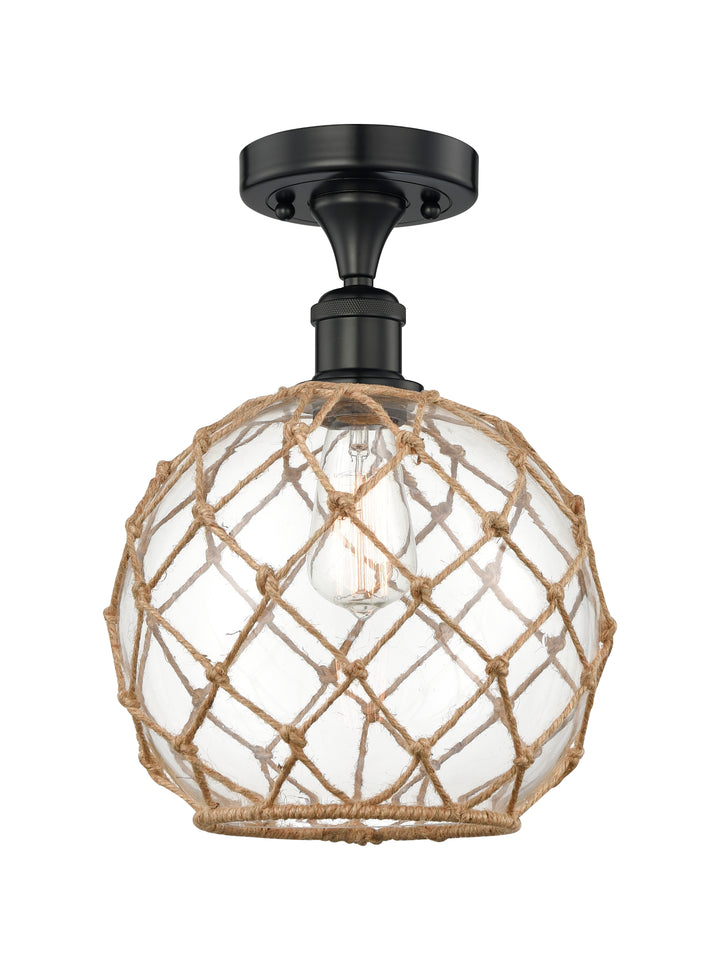 Innovations Lighting Large Farmhouse Rope Semi-Flush Mount - Matte Black Ceiling Semi Flush Mounts Innovations Lighting Clear Glass with Brown Rope ; Glass Type: Transparent  