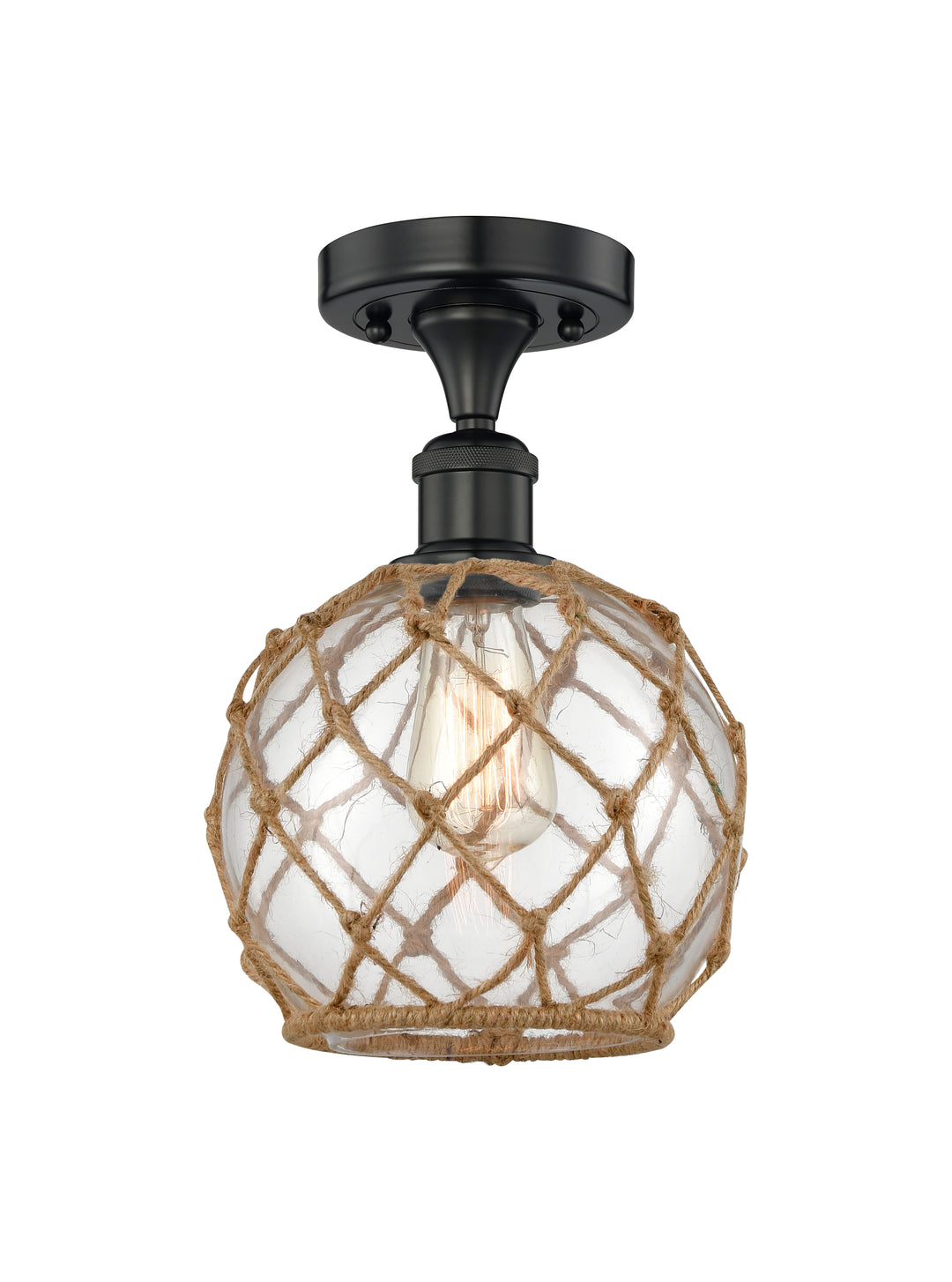 Innovations Lighting Farmhouse Rope Semi-Flush Mount - Matte Black Ceiling Semi Flush Mounts Innovations Lighting Clear Glass with Brown Rope ; Glass Type: Transparent  