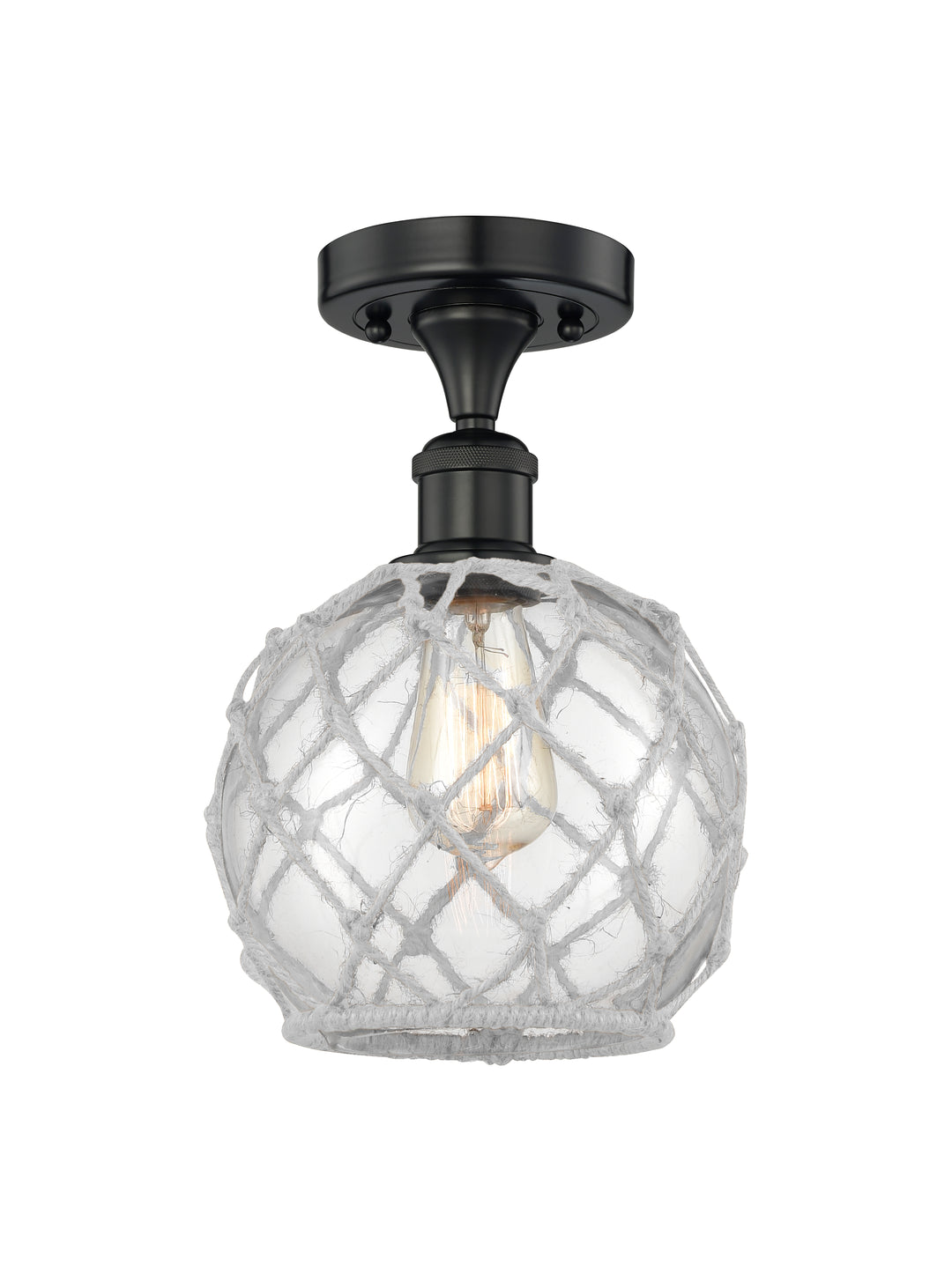 Innovations Lighting Farmhouse Rope Semi-Flush Mount - Matte Black Ceiling Semi Flush Mounts Innovations Lighting Clear Glass with White Rope ; Glass Type: Transparent  