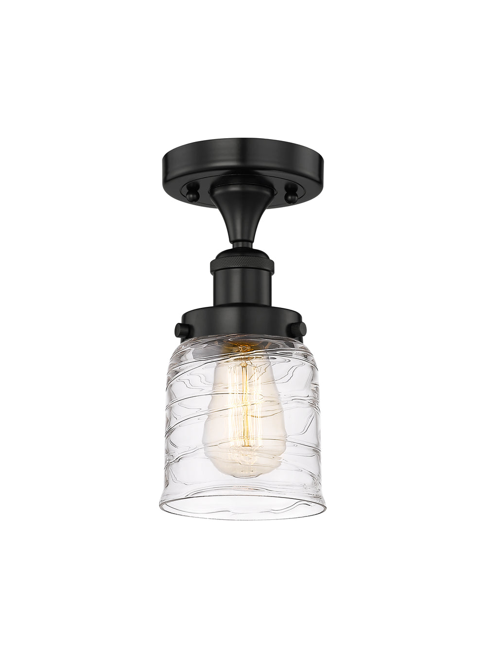 Innovations Lighting Bell 5" Semi-Flush Mount - Matte Black Ceiling Semi Flush Mounts Innovations Lighting Clear Deco Swirl ; Glass Type: Colorful; Ribbed  