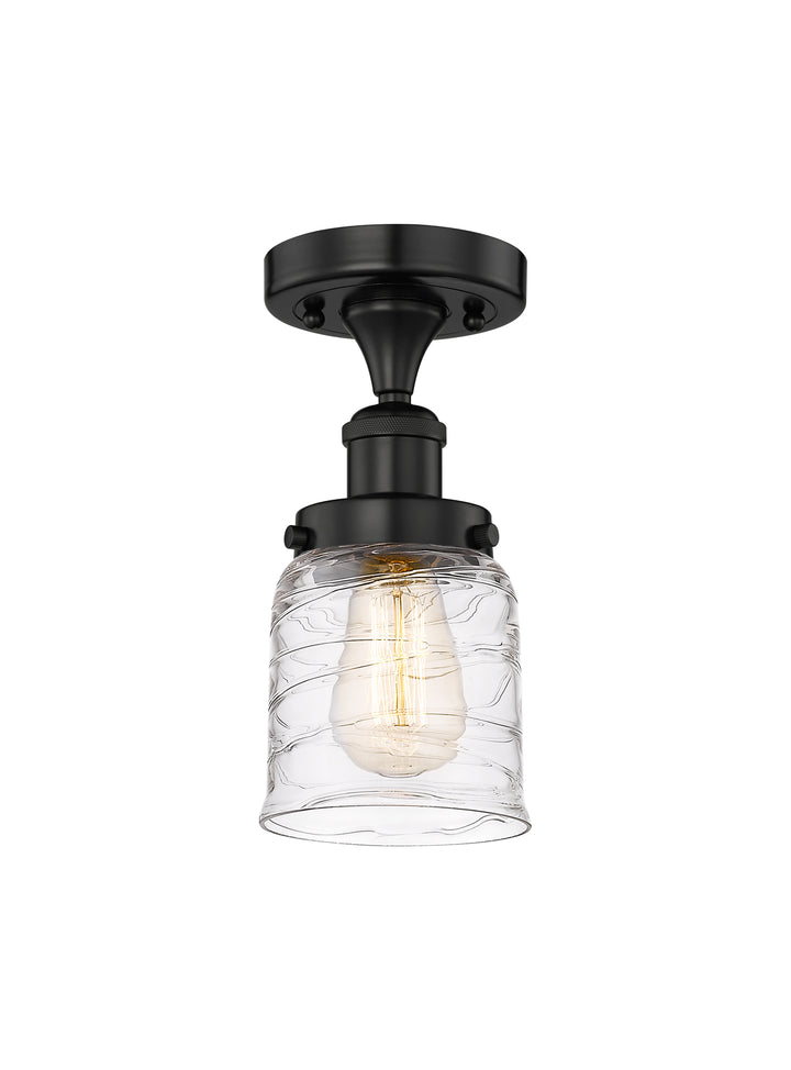 Innovations Lighting Bell 5" Semi-Flush Mount - Matte Black Ceiling Semi Flush Mounts Innovations Lighting Clear Deco Swirl ; Glass Type: Colorful; Ribbed  