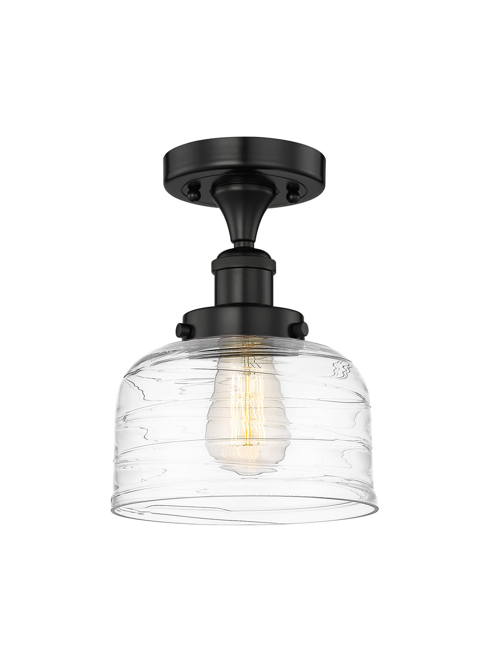 Innovations Lighting Bell 8" Semi-Flush Mount - Matte Black Ceiling Semi Flush Mounts Innovations Lighting Clear Deco Swirl ; Glass Type: Colorful; Ribbed  