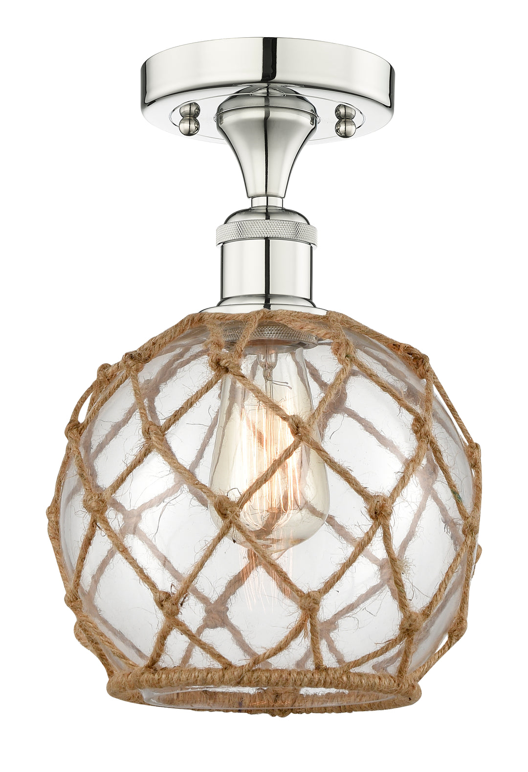 Innovations Lighting Farmhouse Rope 8" Semi-Flush Mount - Polished Nickel Ceiling Semi Flush Mounts Innovations Lighting Clear Glass with Brown Rope ; Glass Type: Transparent  