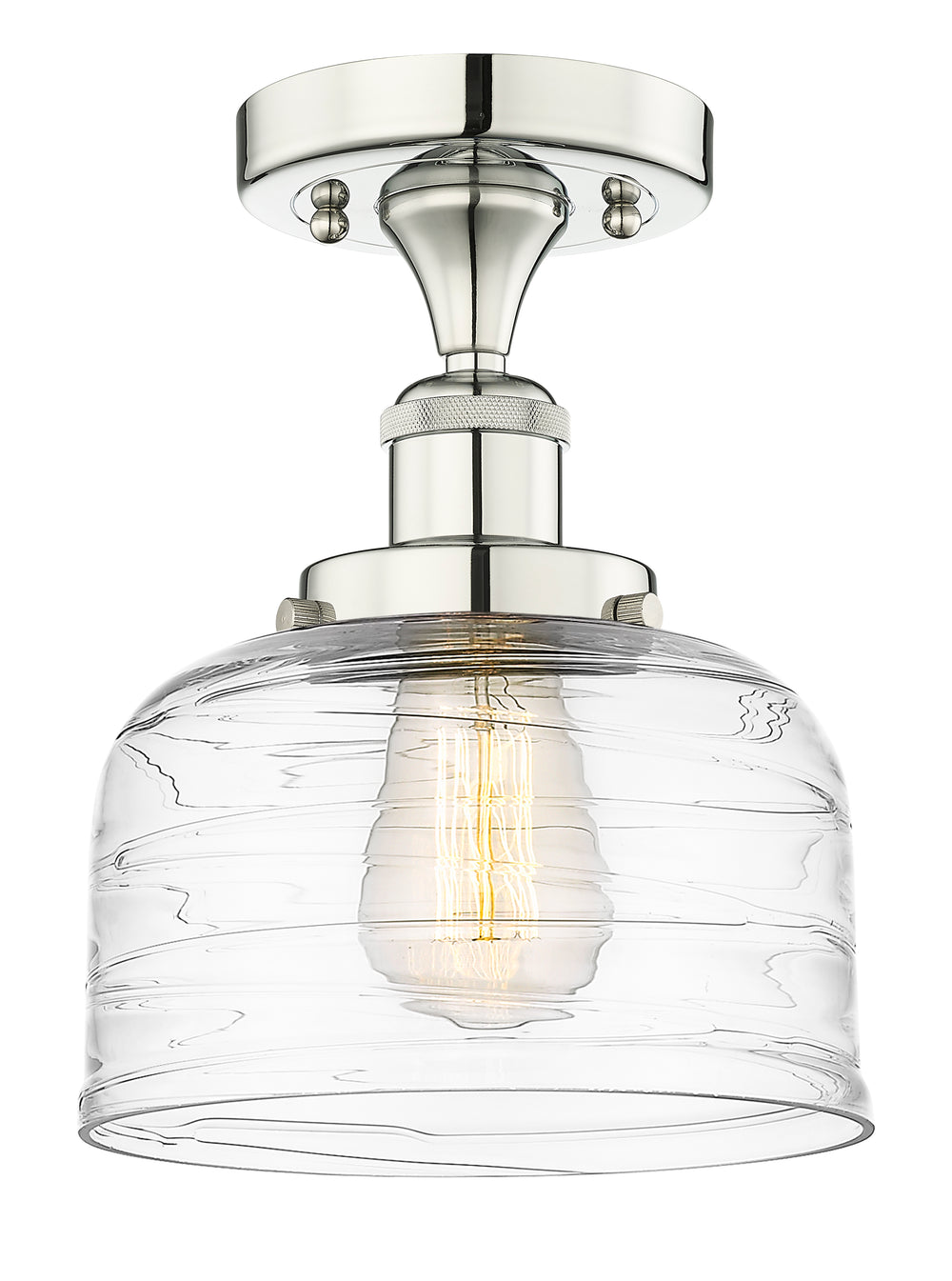 Innovations Lighting Bell 8" Semi-Flush Mount - Polished Nickel Ceiling Semi Flush Mounts Innovations Lighting Clear Deco Swirl ; Glass Type: Colorful; Ribbed  