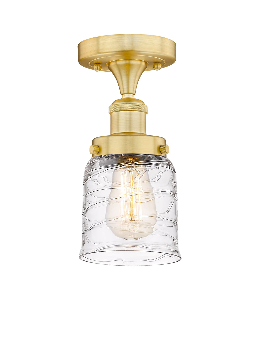 Innovations Lighting Bell 5" Semi-Flush Mount - Satin Gold Ceiling Semi Flush Mounts Innovations Lighting Clear Deco Swirl ; Glass Type: Colorful; Ribbed  