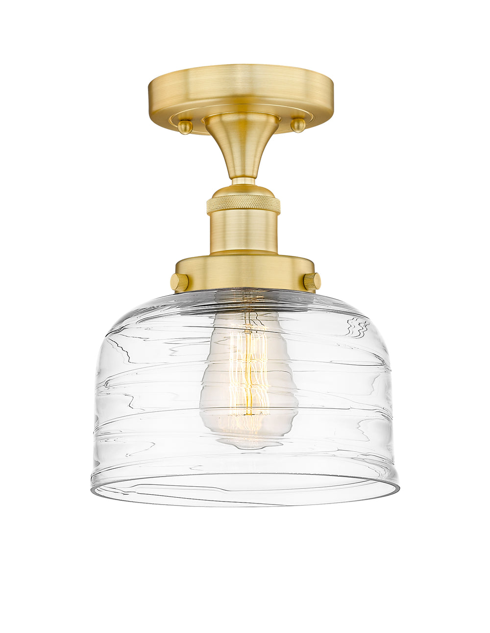 Innovations Lighting Bell 8" Semi-Flush Mount - Satin Gold Ceiling Semi Flush Mounts Innovations Lighting Clear Deco Swirl ; Glass Type: Colorful; Ribbed  