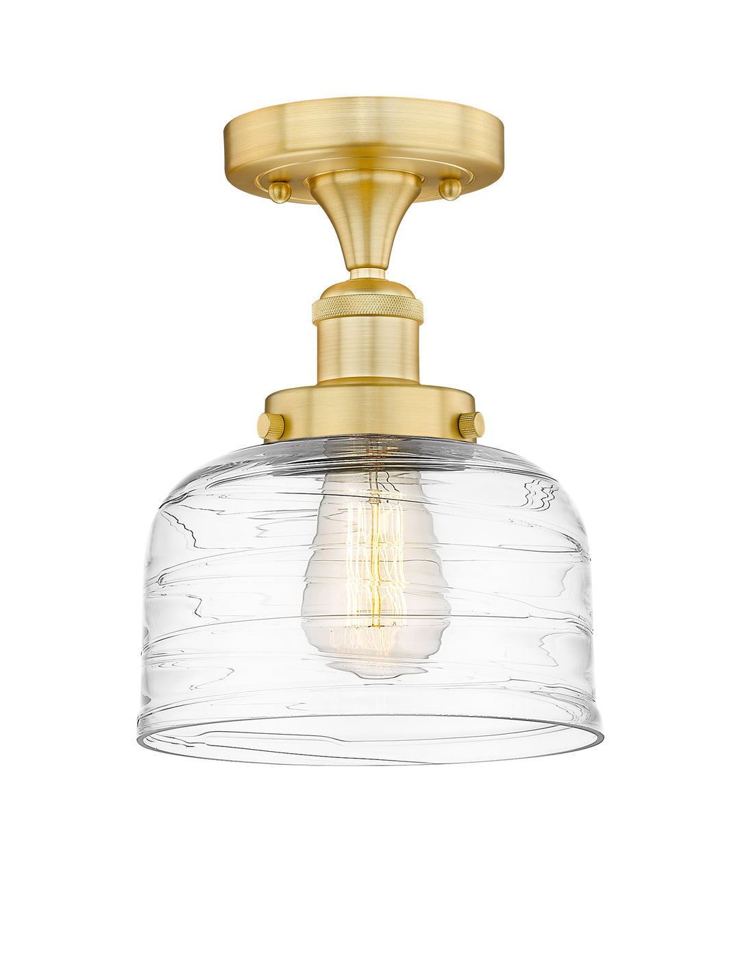 Innovations Lighting Bell 8" Semi-Flush Mount - Satin Gold Ceiling Semi Flush Mounts Innovations Lighting Clear Deco Swirl ; Glass Type: Colorful; Ribbed  