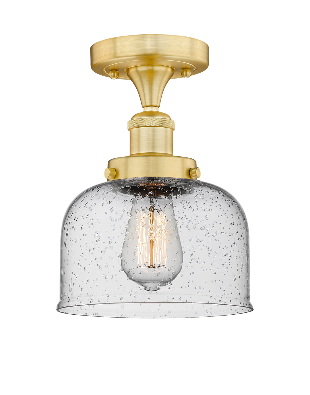 Innovations Lighting Bell 8" Semi-Flush Mount - Satin Gold Ceiling Semi Flush Mounts Innovations Lighting Seedy ; Glass Type: Seedy; Ribbed  