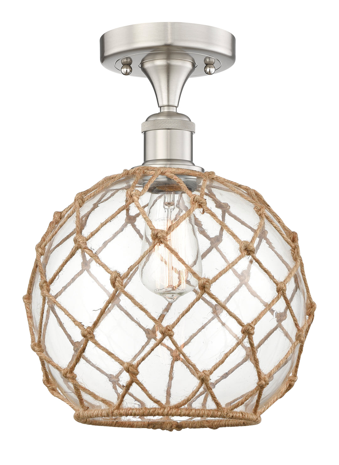 Innovations Lighting Large Farmhouse Rope Semi-Flush Mount - Brushed Satin Nickel Ceiling Semi Flush Mounts Innovations Lighting Clear Glass with Brown Rope ; Glass Type: Transparent  