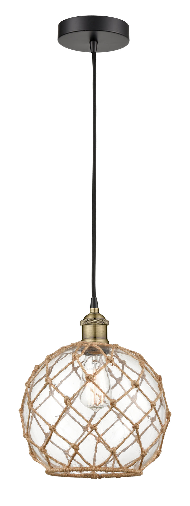 Innovations Lighting Edison 10" Mini Pendant - Black Antique Brass Mini-Pendants Innovations Lighting Clear Glass with Brown Rope ; Glass Type: Transparent  